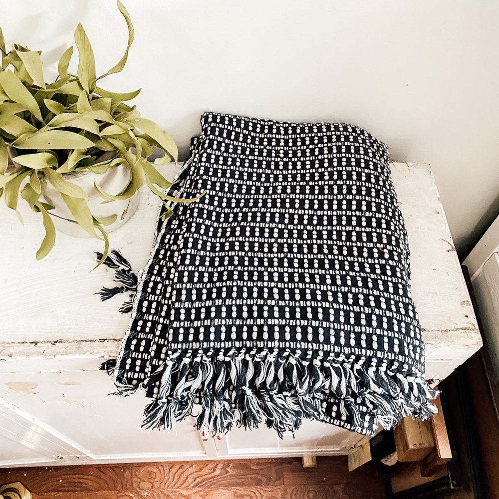 Black & White Patterned Woven Throw with Fringe